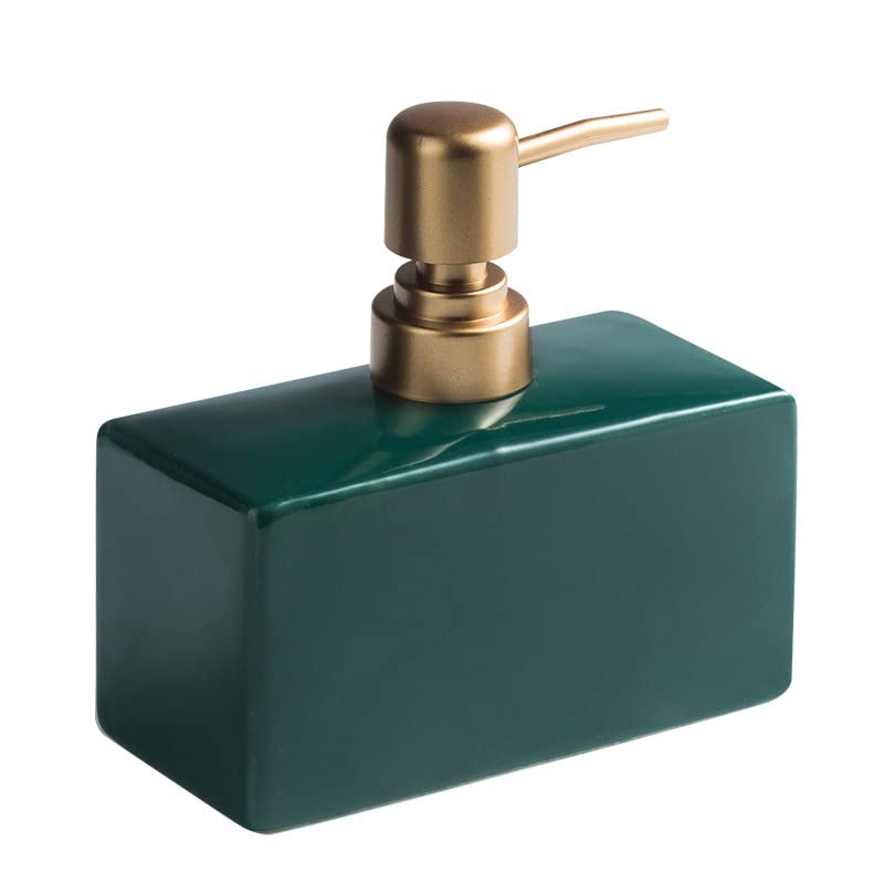 Ceramic Soap Dispenser – 13.5 oz Dark Green & Gold Pump