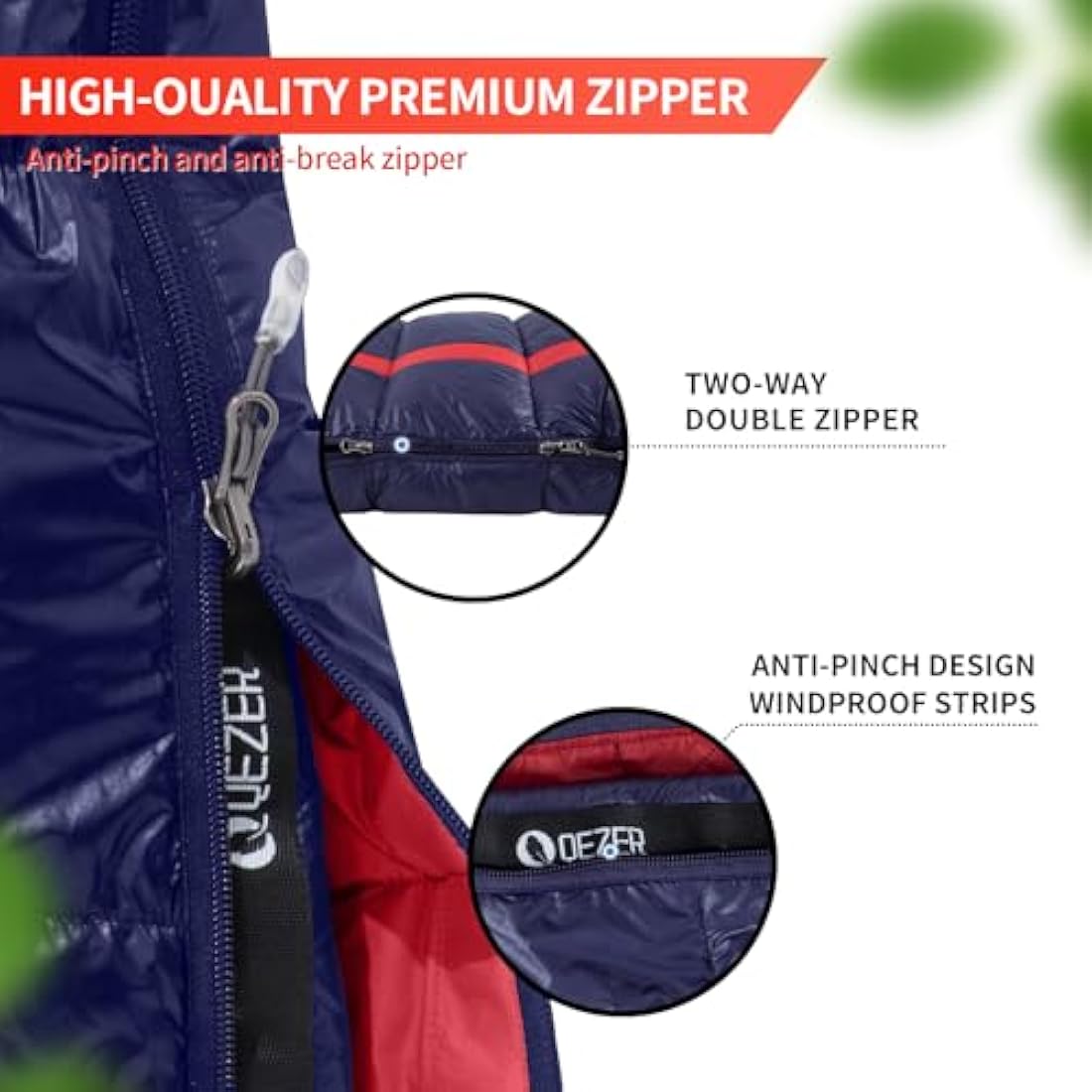 QEZER Down Sleeping Bag | Lightweight 4-Season Rectangular Nylon Bag