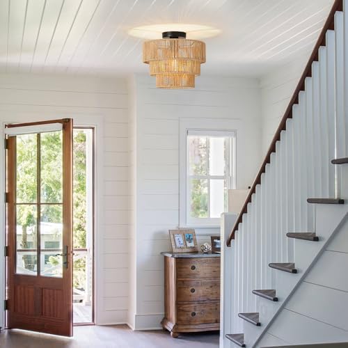 FORCOSO 3-Layer Rattan Ceiling Light – Boho Handwoven E27 Chandelier