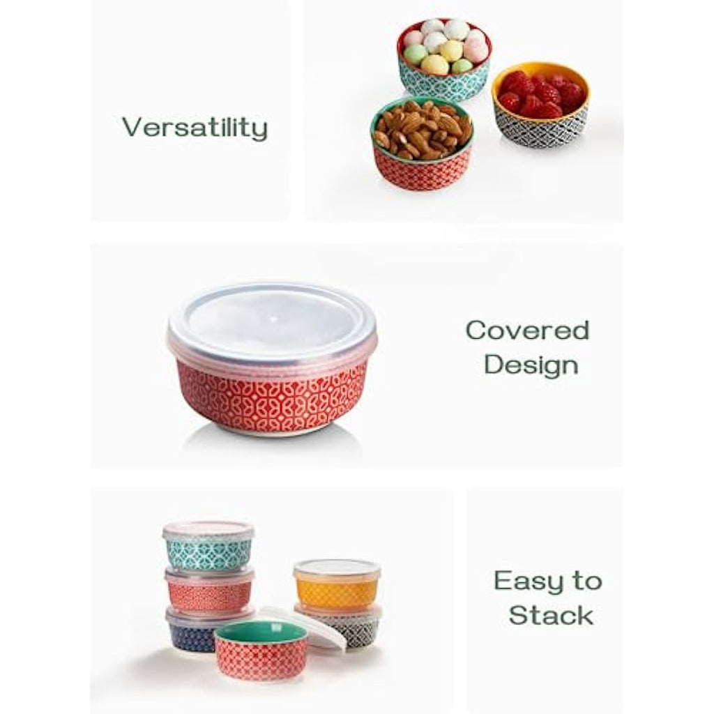 DOWAN 176ml Porcelain Dipping Bowls with Lids - Set of 6 Colorful Ramekins