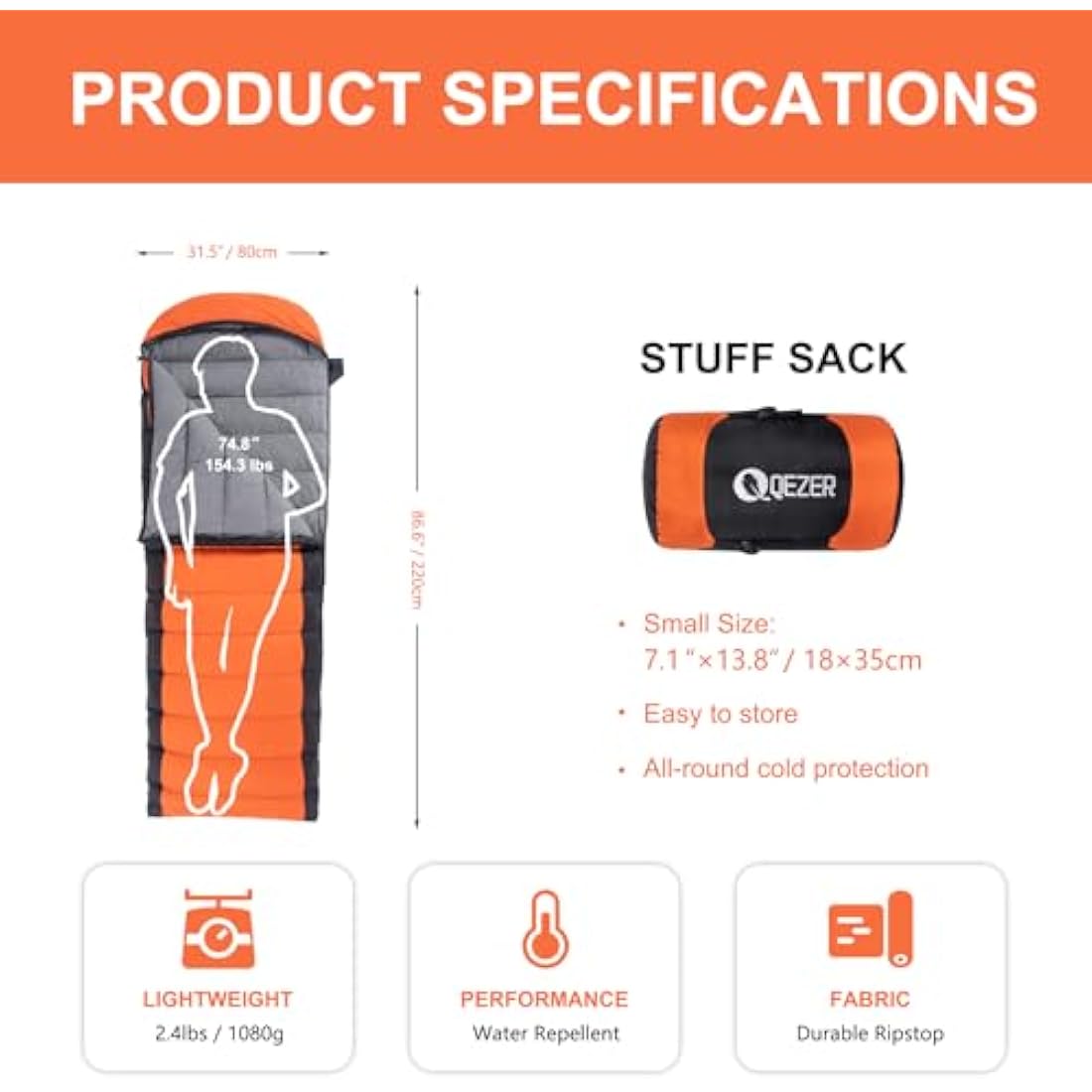 QEZER Down Sleeping Bag | Lightweight 4-Season Rectangular Nylon Bag