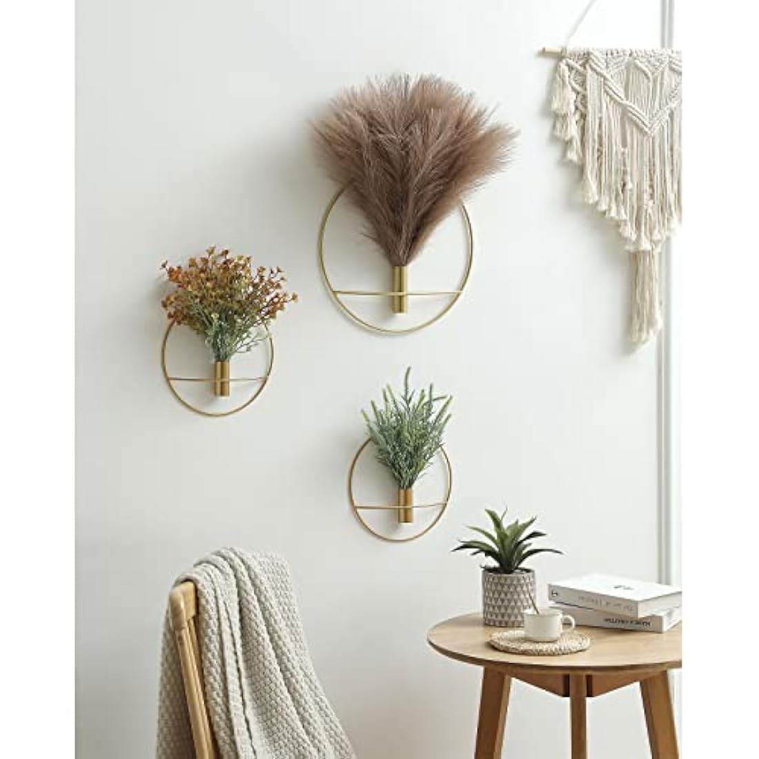 Metal Wall Vase Decor – 2 Pack Gold Ring with Pampas Grass