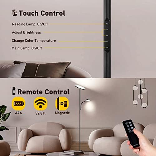 OUTON LED Floor Lamp with Reading Light | Dimmable Mother-Child Lamp, Black