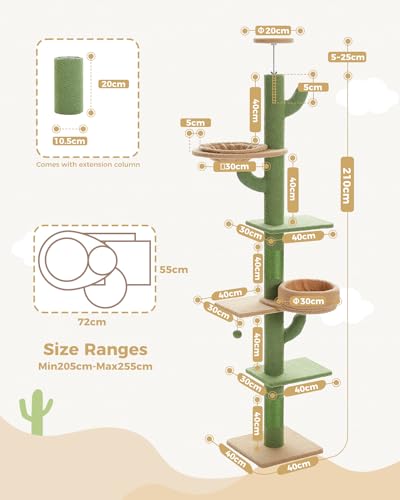 PAWZ Road Cactus Cat Tree – Floor to Ceiling Adjustable Tower with Hammock