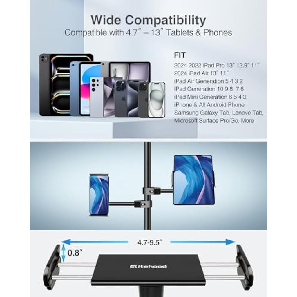 Elitehood Metal iPad Mic Stand Holder - 360° Swivel Tablet Mount, Black