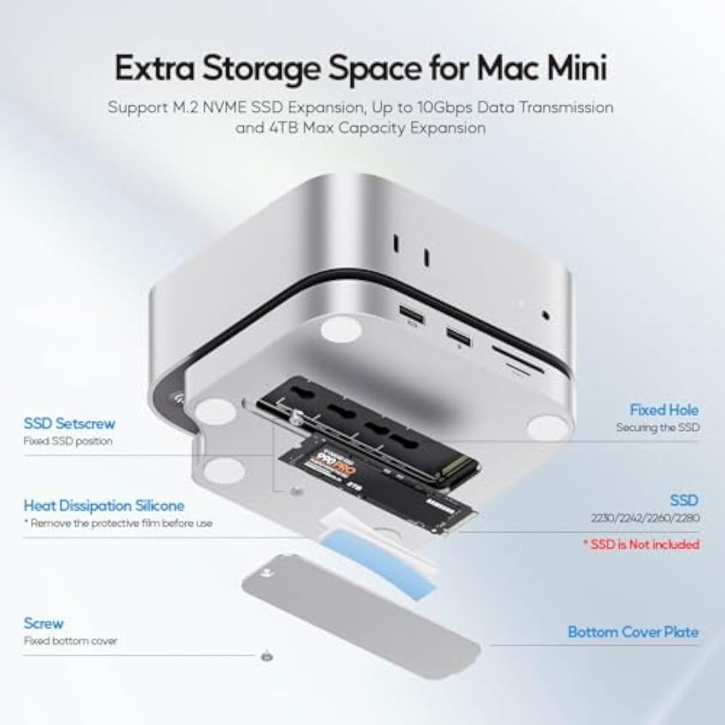 PULWTOP Mac Mini M4 Dock | 4TB M.2 SSD Enclosure & 4K HDMI Hub Stand