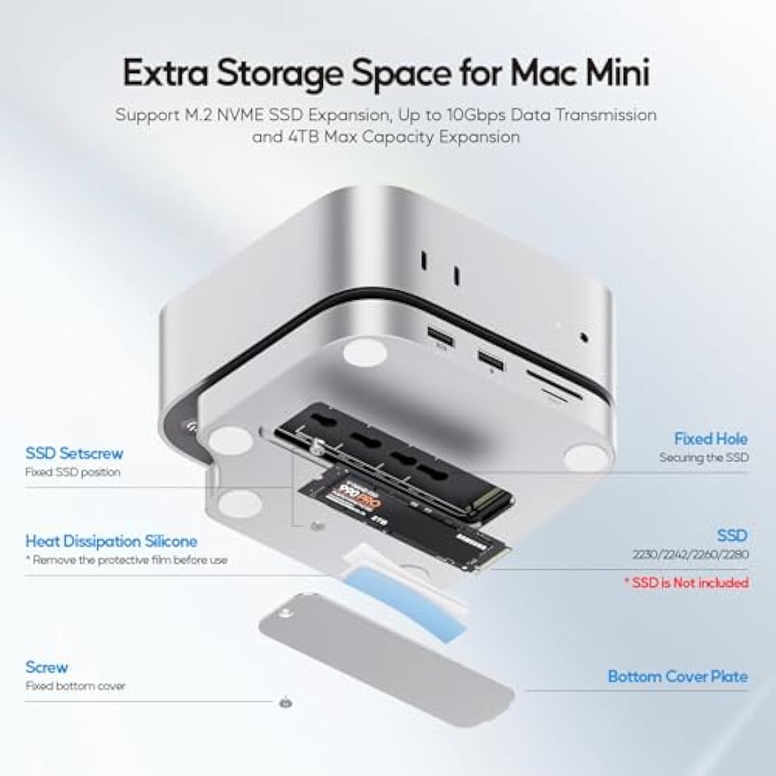 PULWTOP Mac Mini M4 Dock | 4TB M.2 SSD Enclosure & 4K HDMI Hub Stand