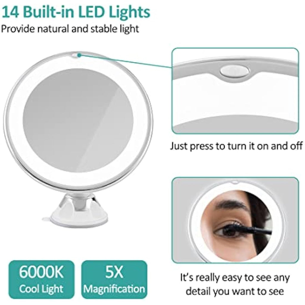 Jolof Store 5X Magnifying LED Travel Mirror | Suction Mount & 360° Swivel