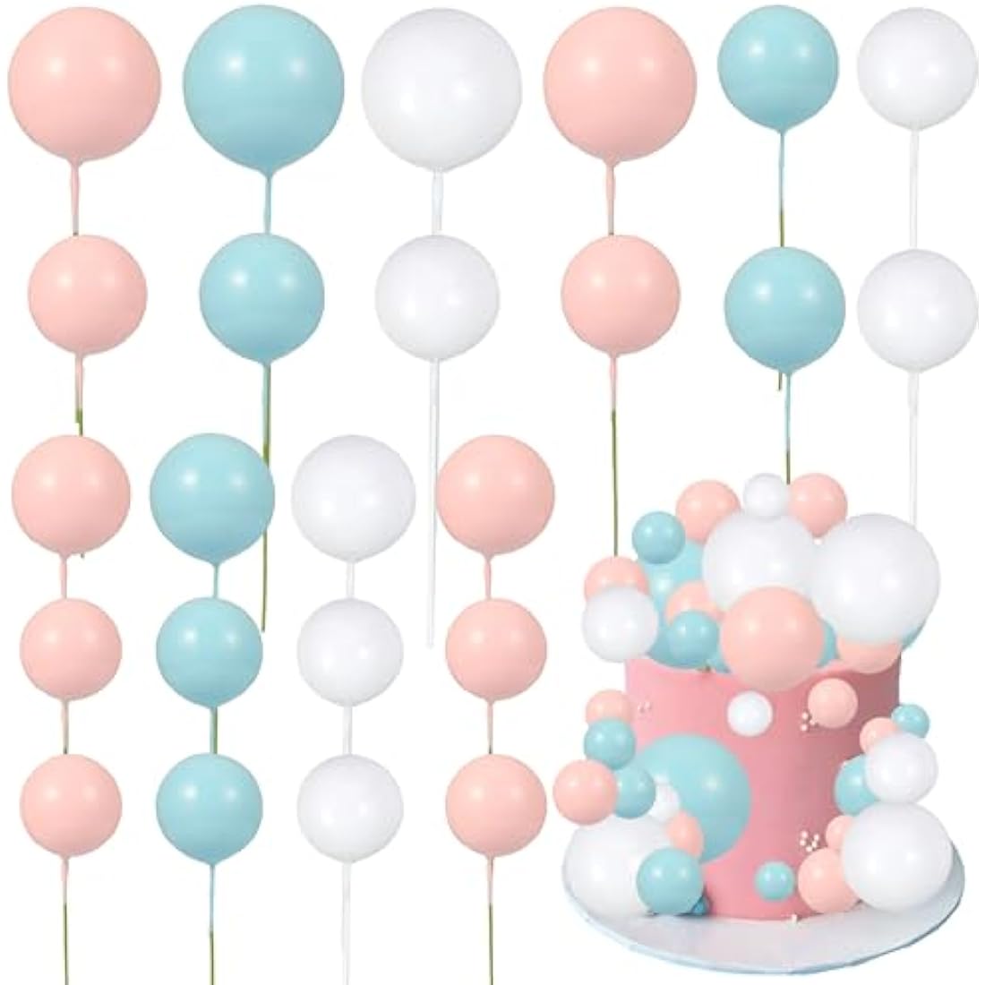 Gyufise 30Pcs Foam Ball Cake Toppers – White Blue Pink Cupcake Picks