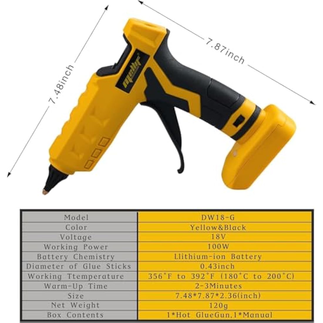 Mellif 100W Cordless Hot Glue Gun for Dewalt 18V Battery | 11mm Sticks