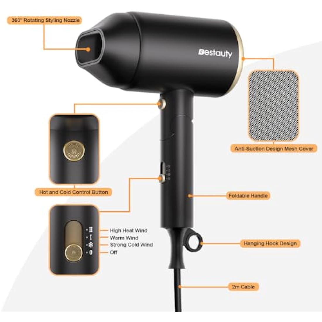 Bestauty Ionic Travel Hair Dryer – 2000W Foldable Portable Hairdryer