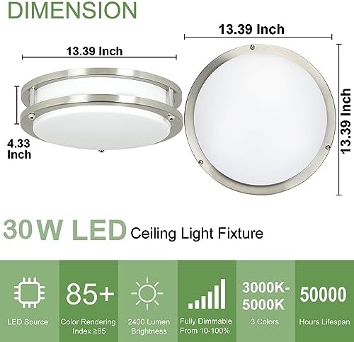 DINGLILIGHTING 30W LED Flush Mount Ceiling Light | 5CCT Dimmable Nickel