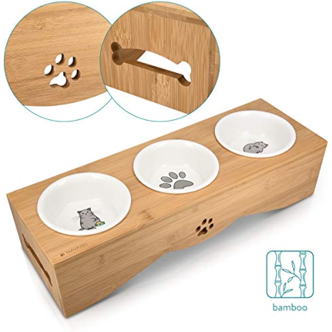 Navaris Elevated Triple Cat Bowls - Ceramic Feeder with Bamboo Stand