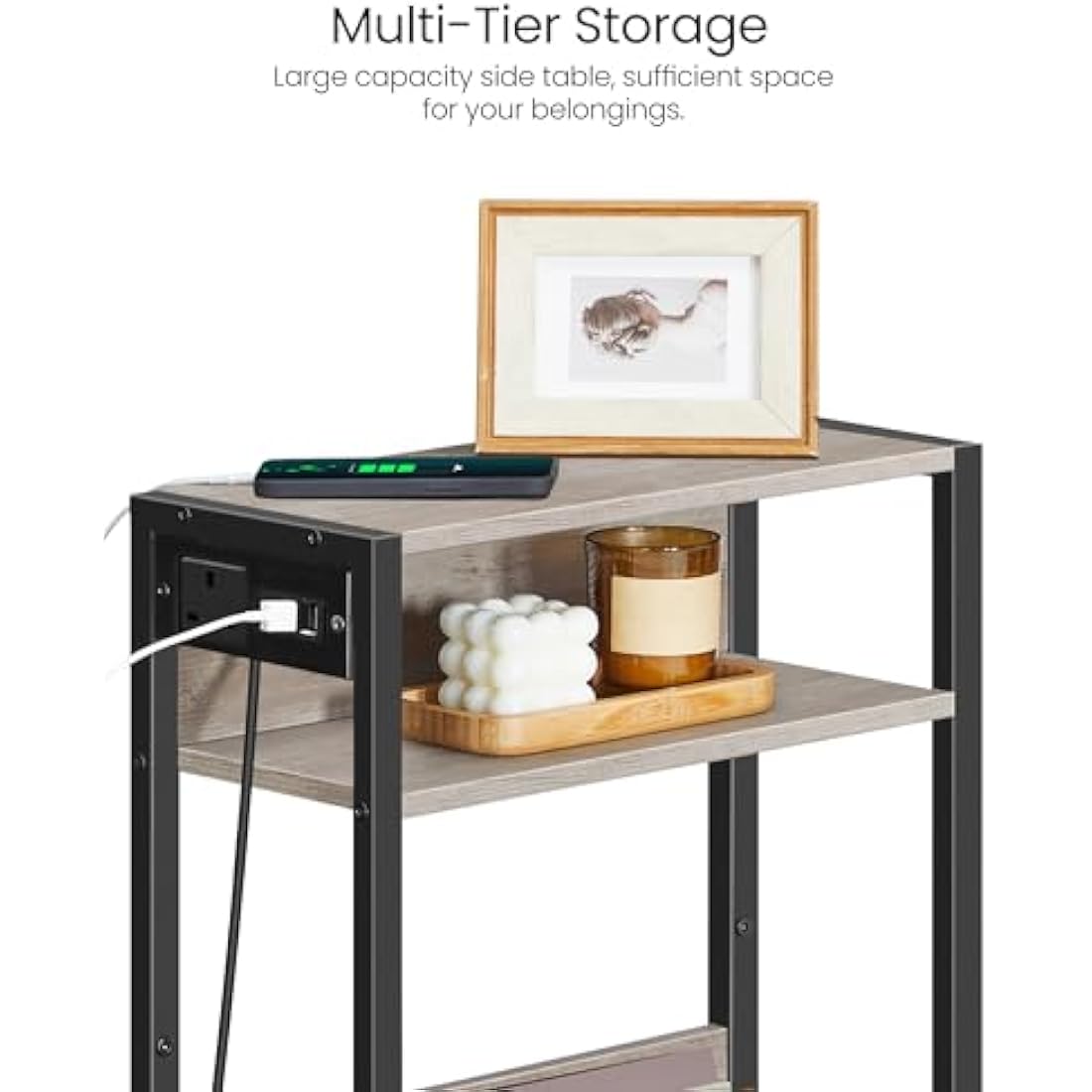 CHOEZON Narrow Side Table with Charging Station | Slim Greige Nightstand