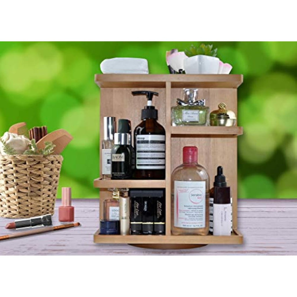 Spiretro 360 Rotating Makeup Organizer – Acacia Wood Cosmetic Carousel