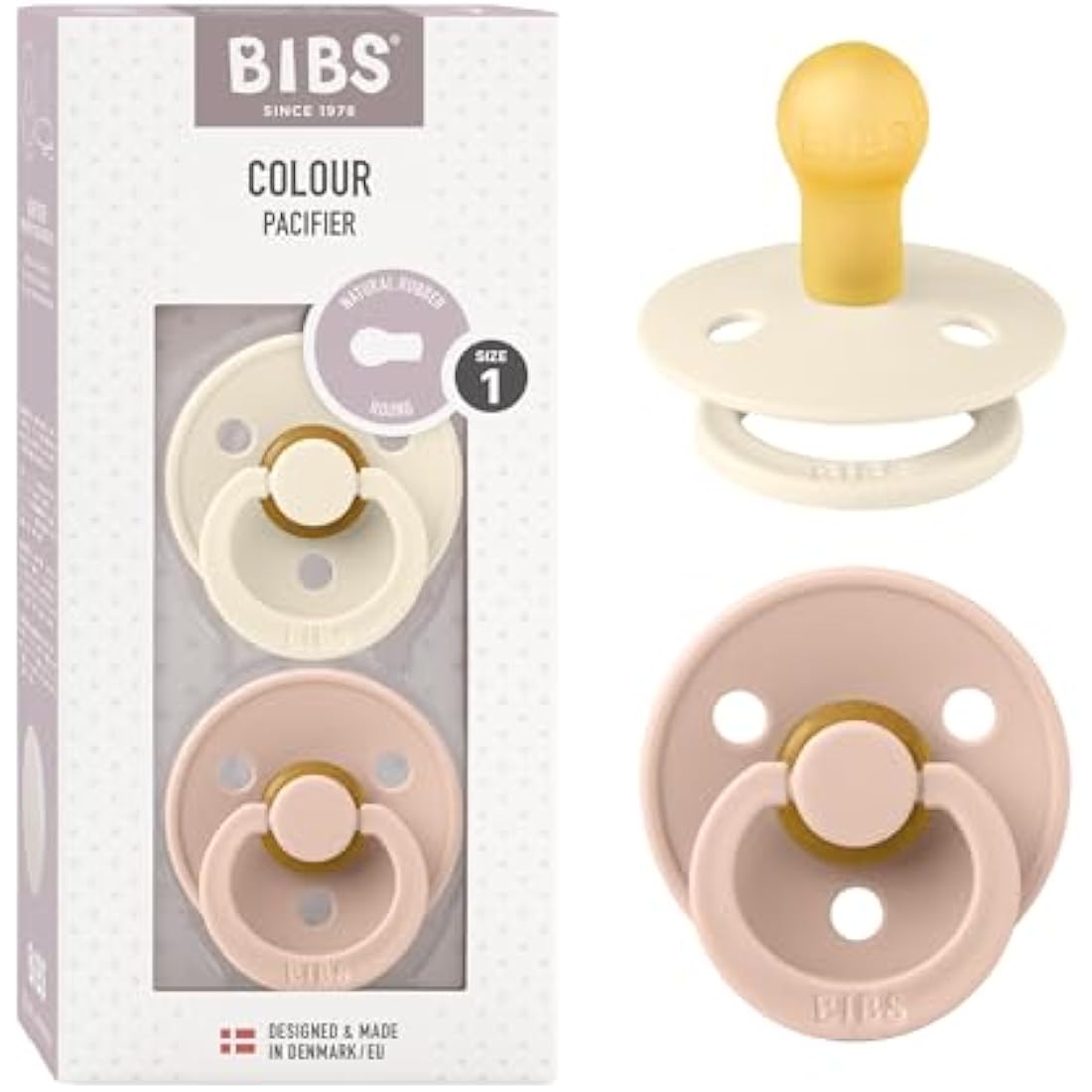 BIBS Colour Pacifier 2-Pack | Natural Rubber Latex | Ivory/Blush, 0-6M