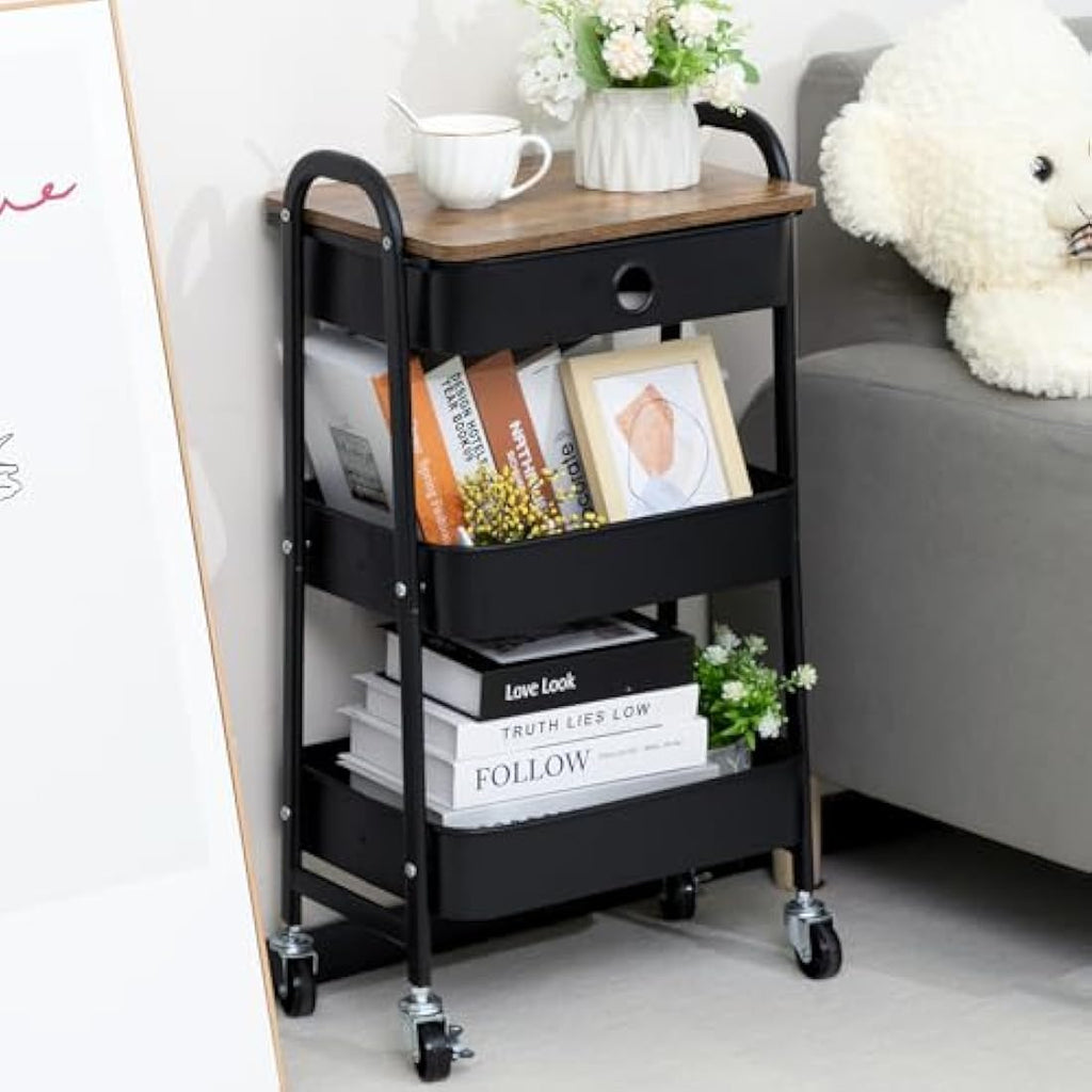 3-Tier Metal Rolling Storage Cart with Drawer | Black