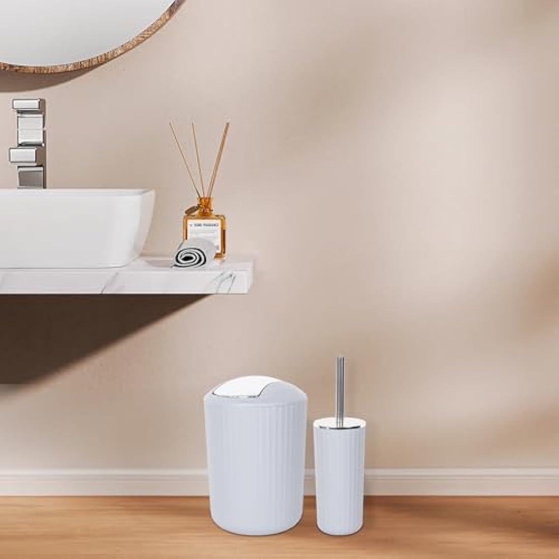 8-Piece Bathroom Accessories Set with Trash Can – White