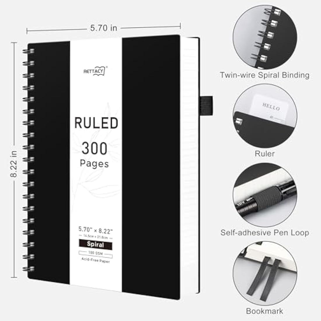 RETTACY A5 Spiral Notebook | 300 Pages College Ruled 100gsm Paper – Black