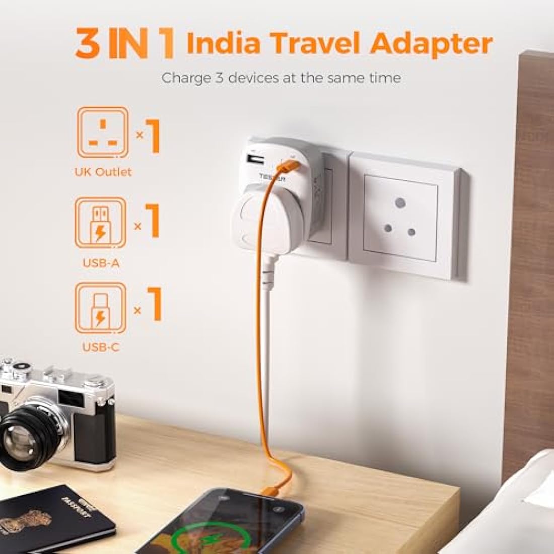 TESSAN UK to India Plug Adapter (Type D) with USB C - 2 Pack |