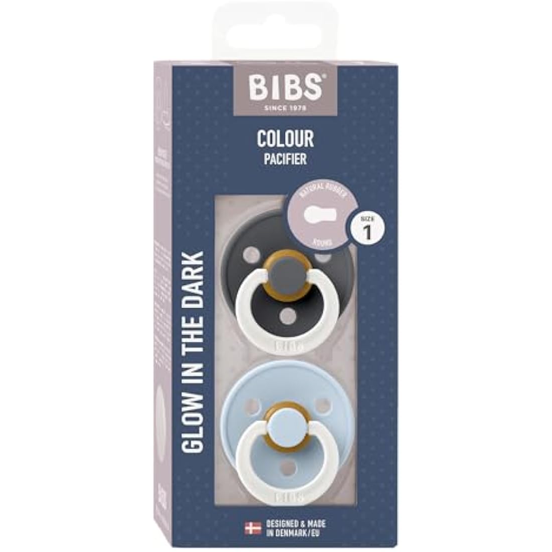 BIBS Colour Night Glow Pacifier | Natural Rubber Dummy, Size 1, 2-Pack
