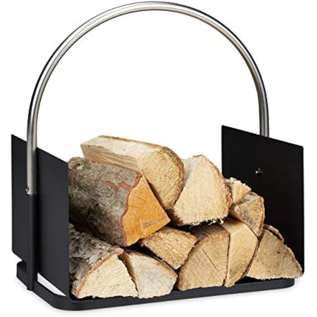 Relaxdays Metal Firewood Basket | Indoor Wood Carrier with Handle, Black