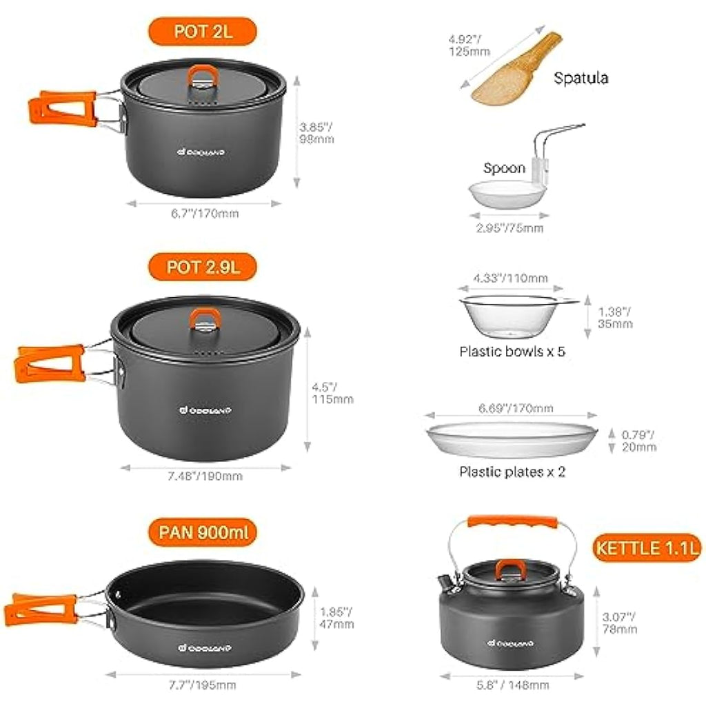 Odoland 16-Piece Non-Stick Camping Cookware Mess Kit for 4-6 People