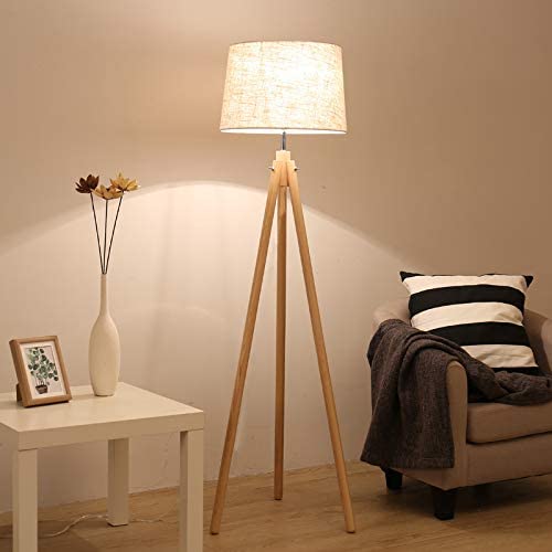 DINGLILIGHTING Wooden Tripod LED Floor Lamp | 3000K Warm White Reading Light