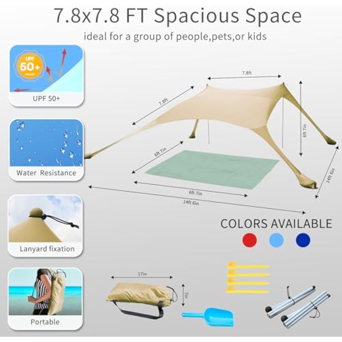 CUUPO 7x7ft Beach Tent Sun Shelter – UPF 50+ Lycra Canopy with 2 Poles