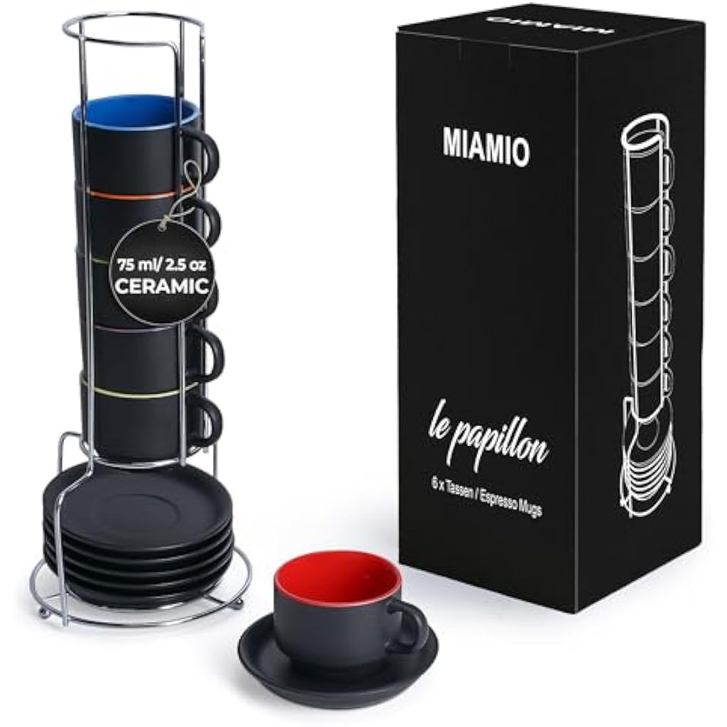MIAMIO 75ml Espresso Cup Set of 6 | Matte Black Ceramic with Stand