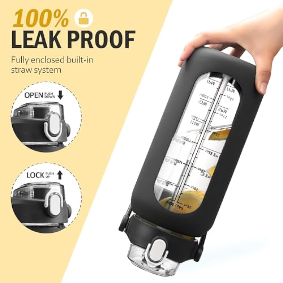 HYDRAGLAZIC 2L Glass Water Bottle | 2 Liter Large Jug with Time Marker