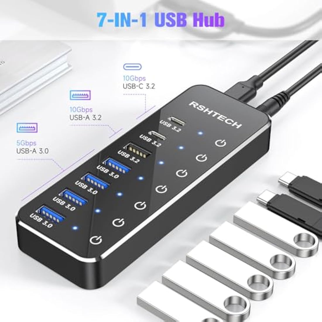 RSHTECH 7-Port Powered USB Hub | 10Gbps USB-C & USB 3.2 Aluminum Splitter
