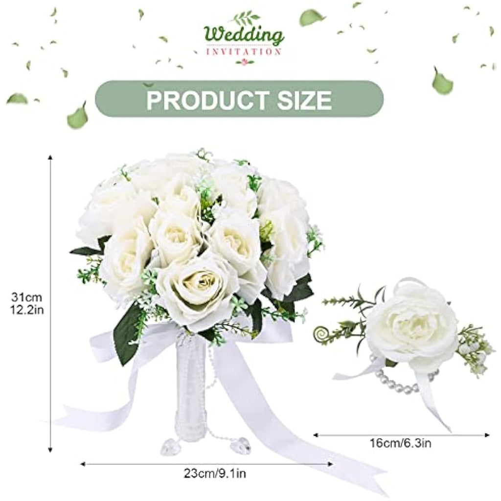 Jolof Store Bridal Bouquet and Wrist Flower – White Artificial Roses