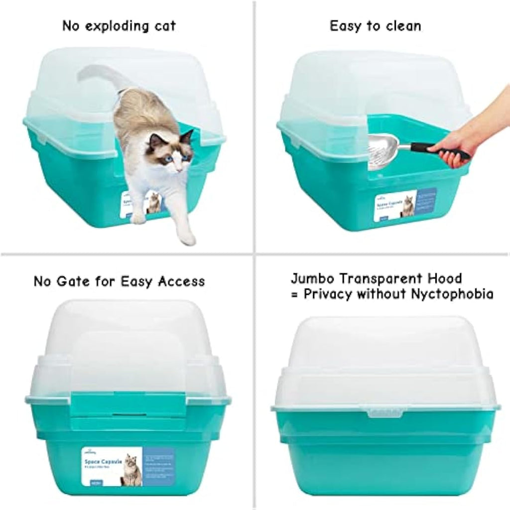 Petfamily 3-in-1 Large Cat Litter Box with Hood | Teal Plastic Tray