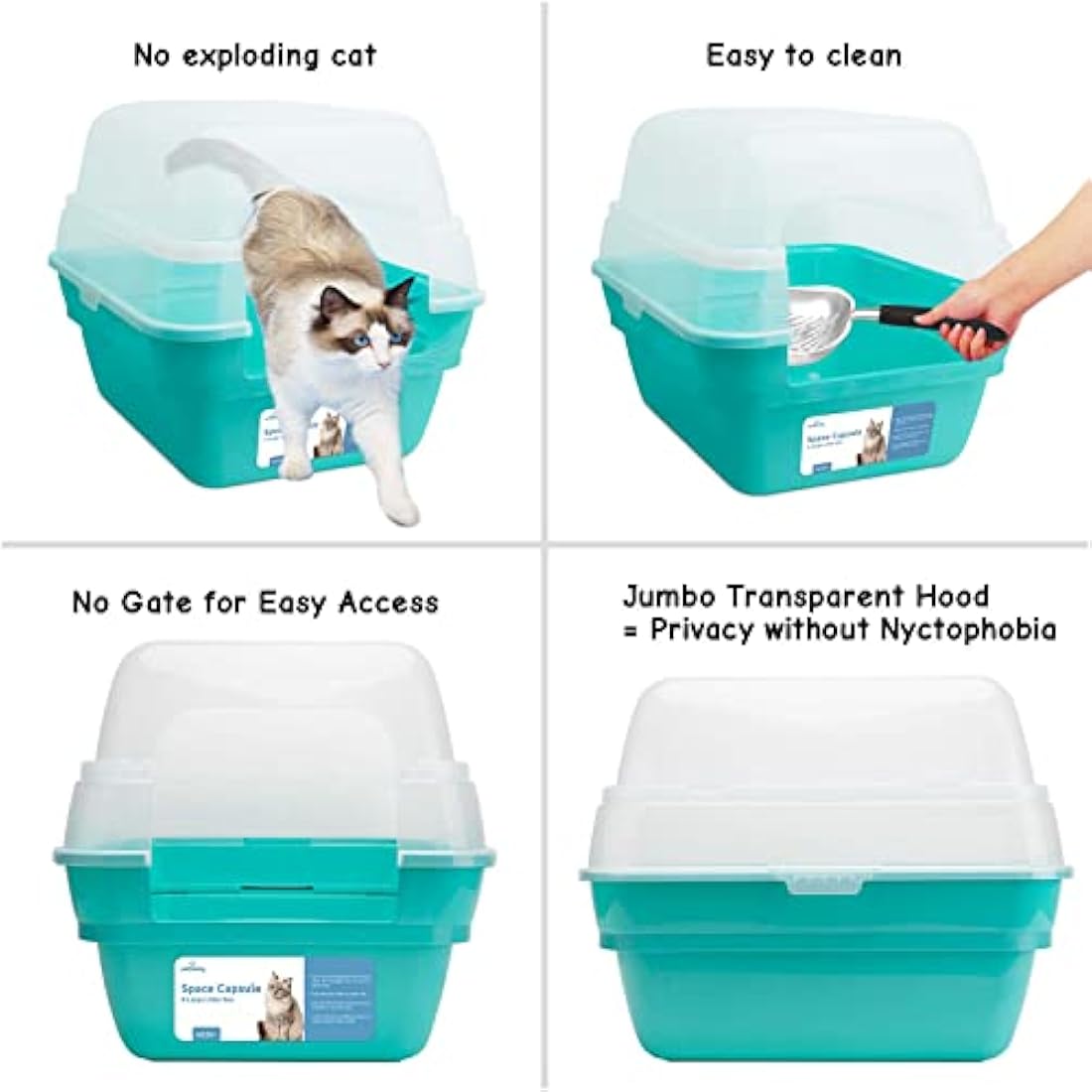 Petfamily 3-in-1 Large Cat Litter Box with Hood | Teal Plastic Tray