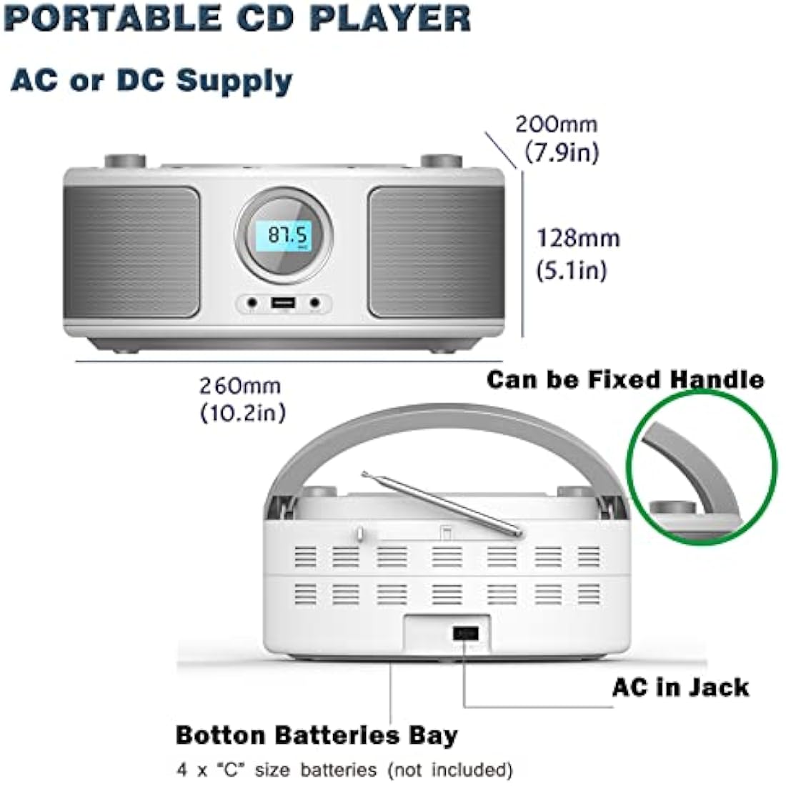 WISCENT Portable CD Player Boombox with Bluetooth, FM Radio & USB - Black