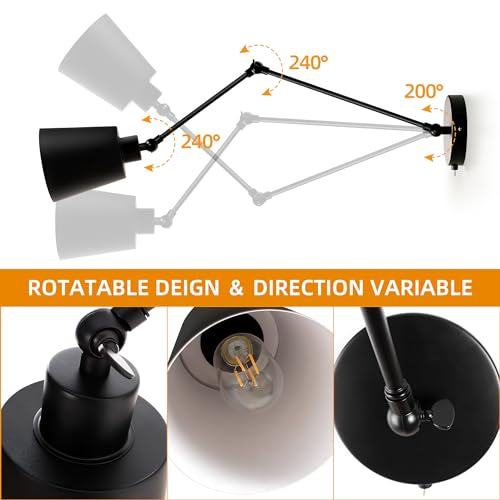 TYhogar Industrial Swing Arm Wall Sconce – Black Adjustable Bedside Lamp