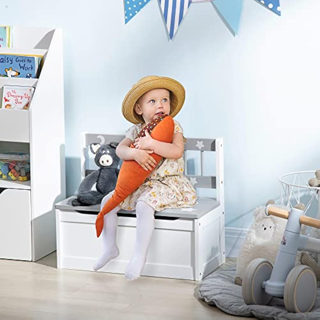 ZONEKIZ 2-in-1 Wooden Toy Box | Kids Storage Bench with Safety Lid - Grey