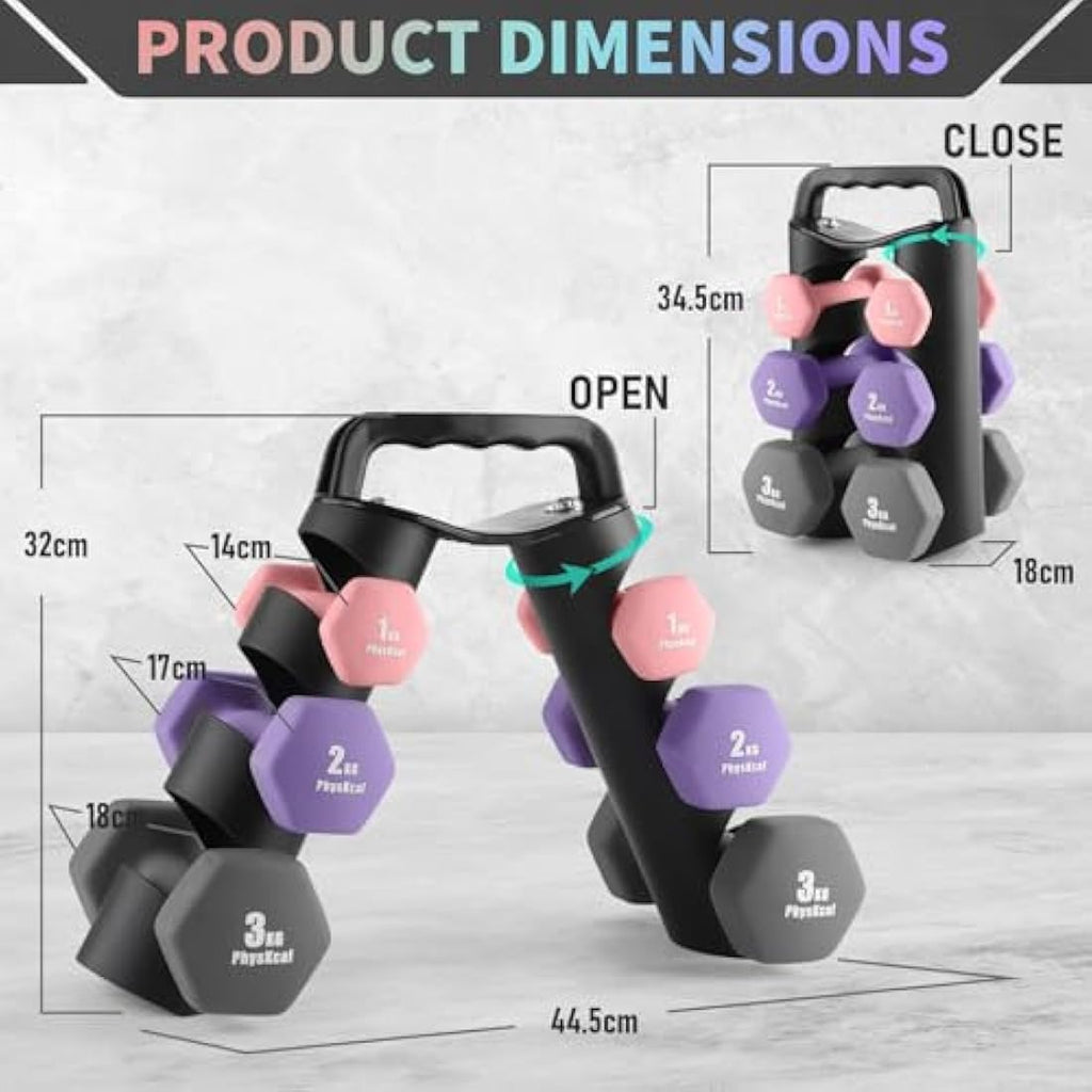 PhysKcal Neoprene Dumbbells Set with Rack - 1kg, 2kg, 3kg Hand Weights