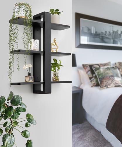 SUMGAR Floating Shelves – 3 Tier Black Pine Wood Wall Mounted Shelving Unit