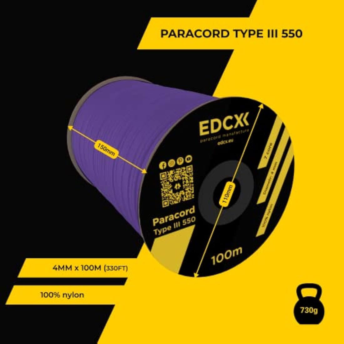 EDCX 550 Paracord – 4mm 7-Strand Nylon Rope for Camping and DIY