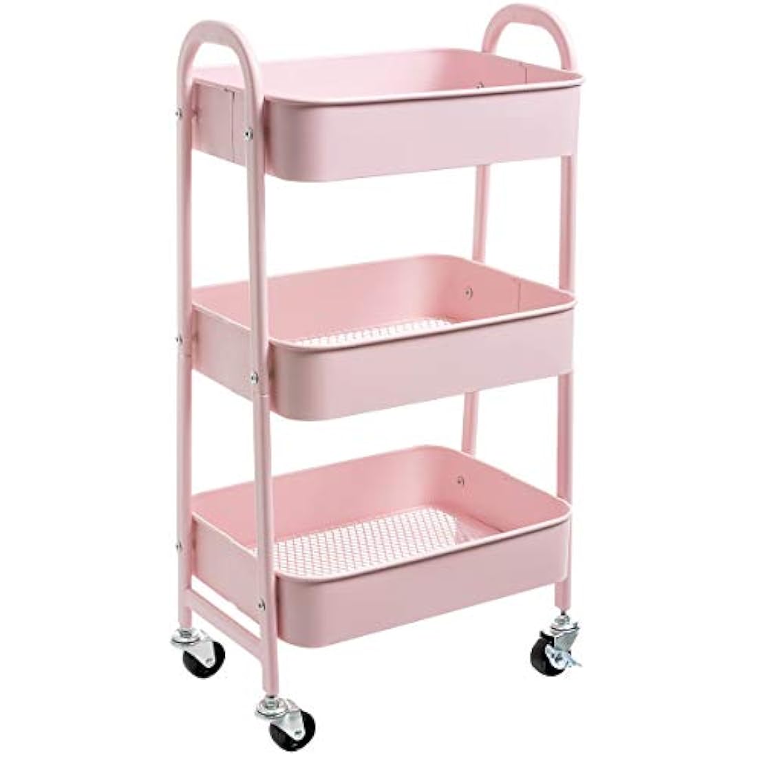 DOEWORKS 3-Tier Metal Rolling Storage Cart | Pink Utility Trolley