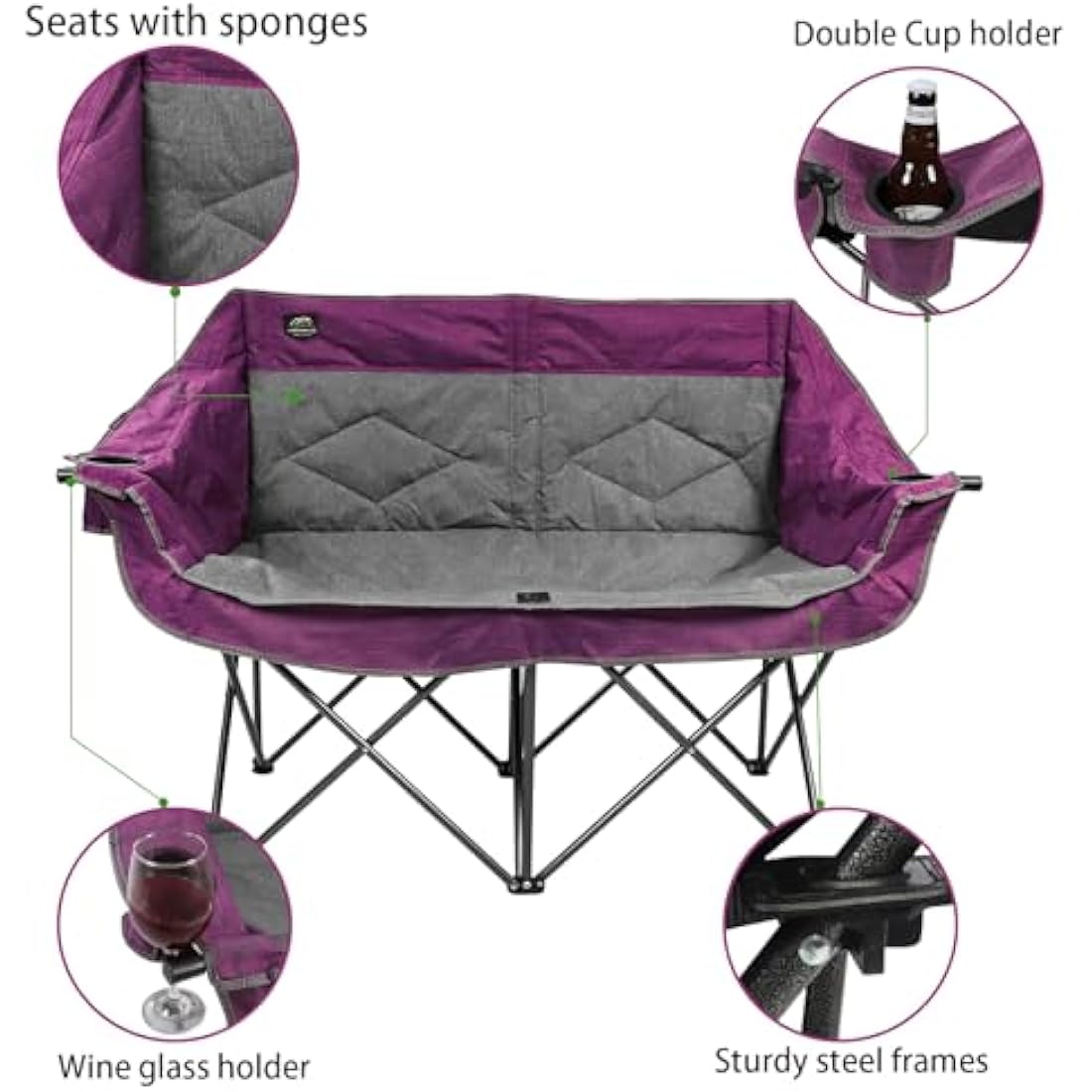 LANMOUNTAIN Folding Camping Loveseat – Heavy Duty Double Chair, Purple