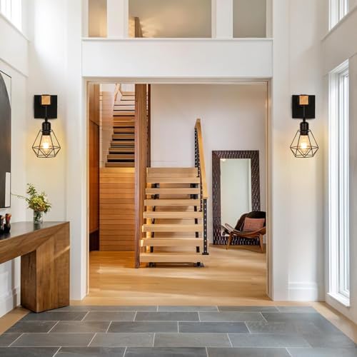 FORCOSO Industrial Wood Wall Sconce 2-Pack | Vintage Black E27 Lamp