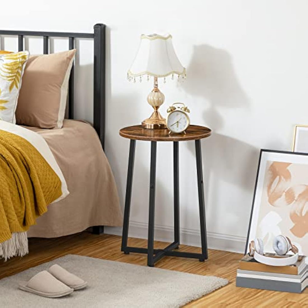 HOOBRO Round Side Table – Industrial Rustic Brown Metal End Table