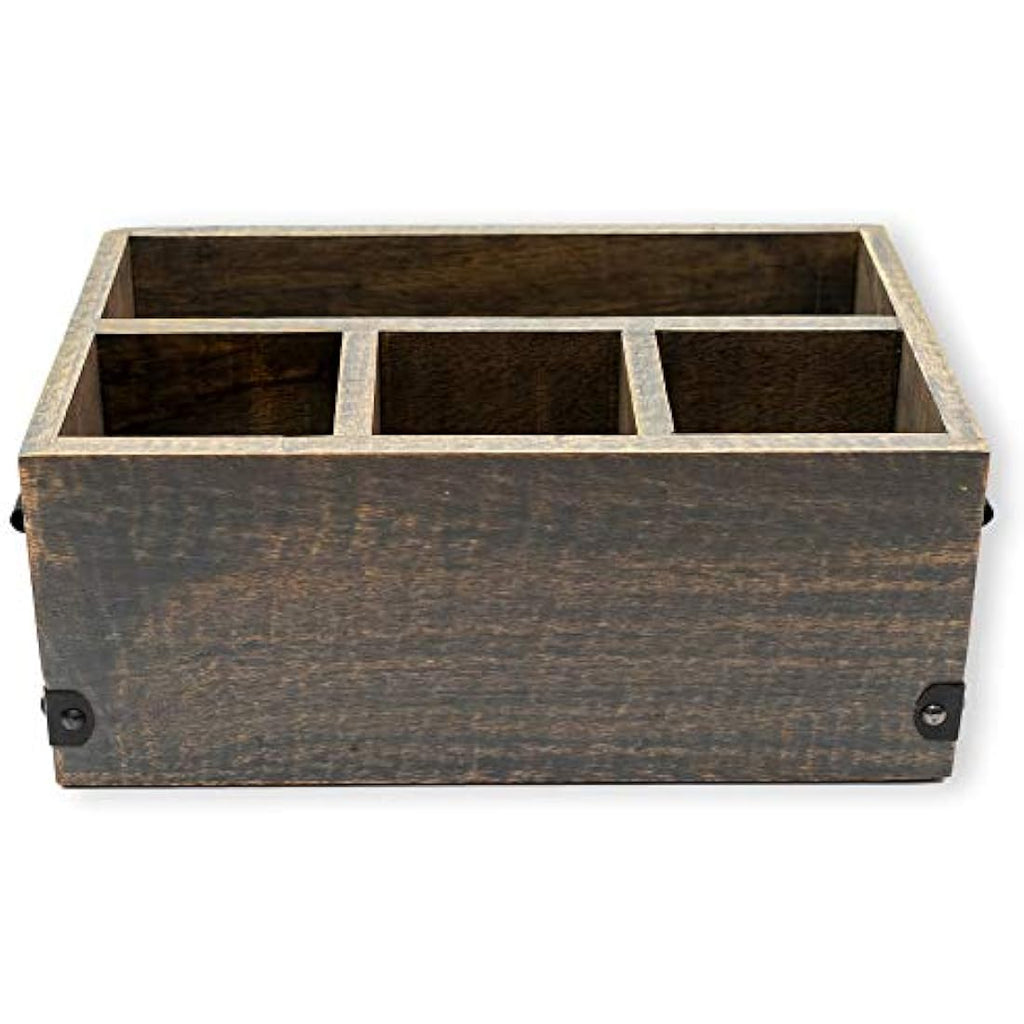 GoCraft Grey Washed Mango Wood 4-Compartment Flatware and Napkin Caddy