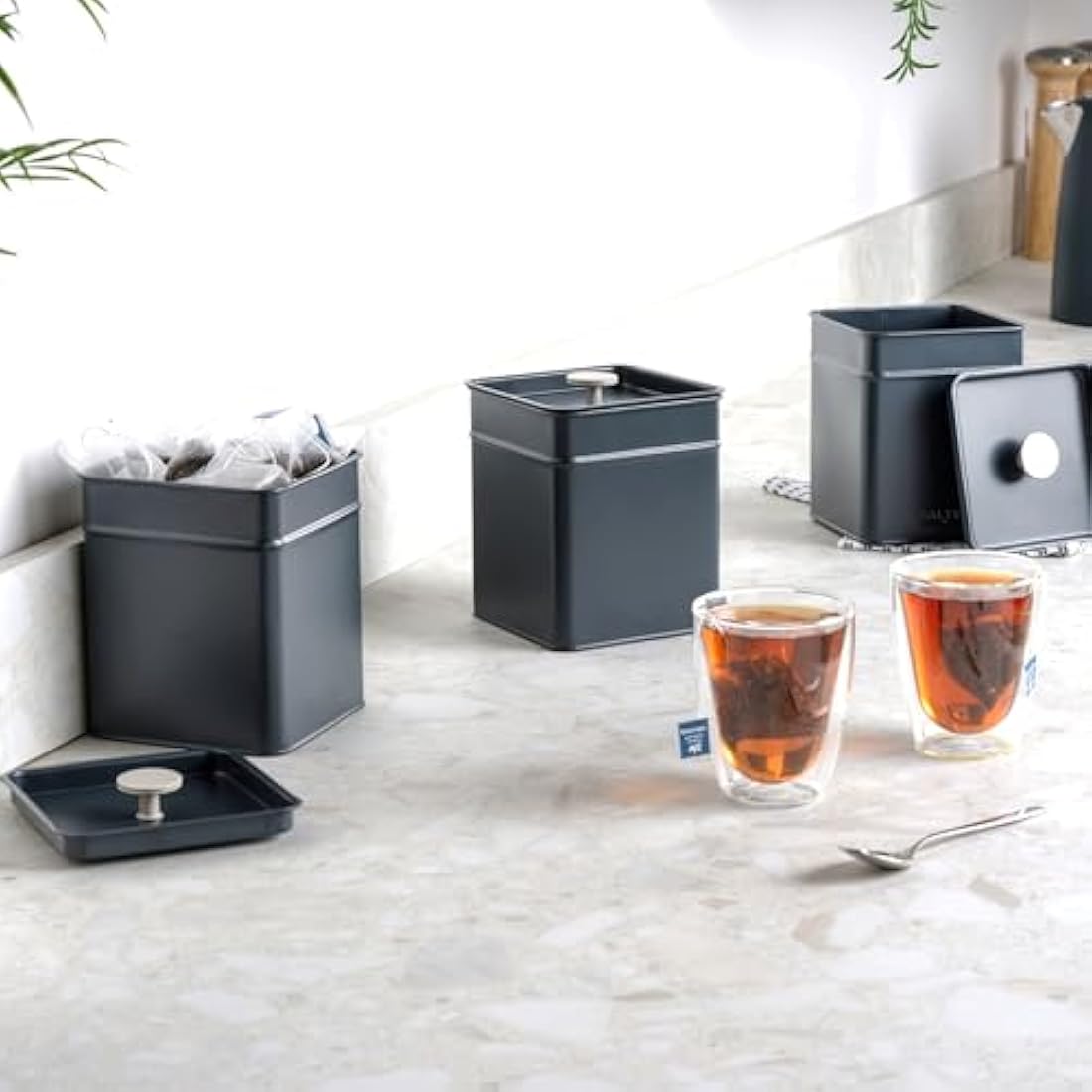 3-Piece Kitchen Canister Set – Blue Grey Powder-Coated Tins