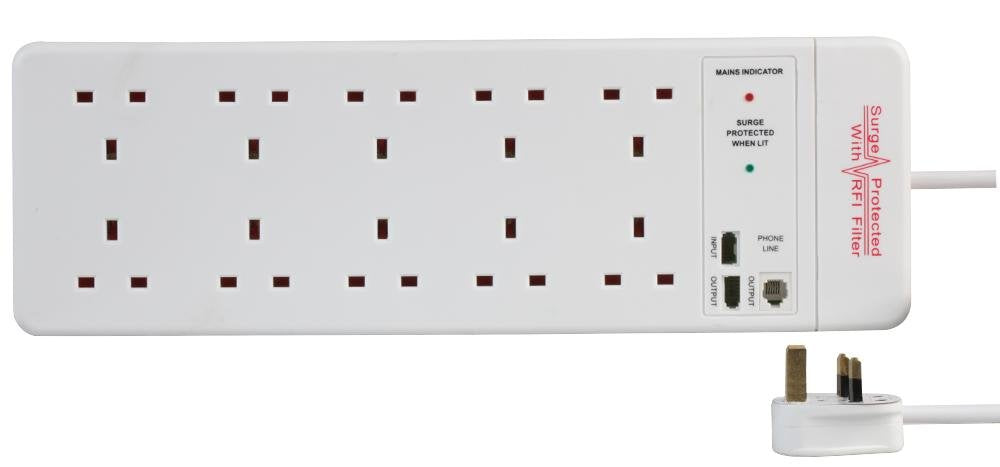 Pro Elec 10 Gang Surge Protected Extension Lead - White, 2m Cable