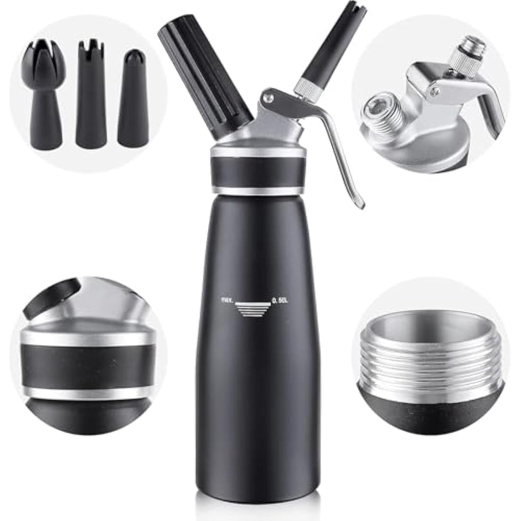 Sivaphe 500ml Aluminum Whipped Cream Dispenser with 3 Decorating Nozzles