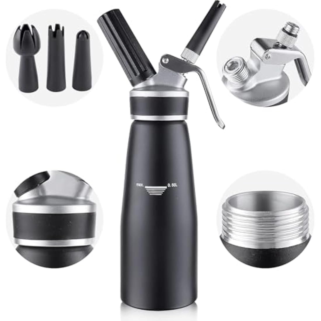 Sivaphe 500ml Aluminum Whipped Cream Dispenser with 3 Decorating Nozzles